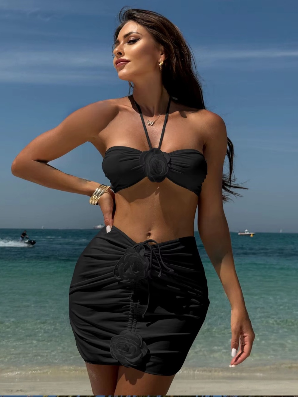 3-Piece Floral Bandeau Bikini Set w/ Ruched Skirt | 3D Rosette Swim Set
